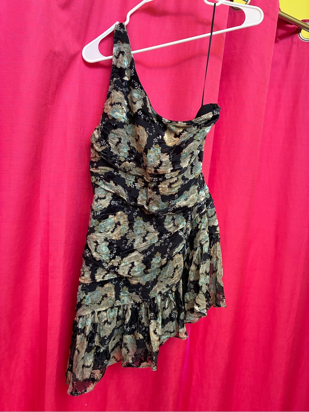LoveShackFancy navy One-Shoulder Floral Ruffle Dress